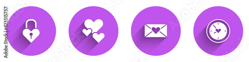 Set Castle in the shape of a heart, Heart, Envelope with Valentine and Clock icon with long shadow. Vector