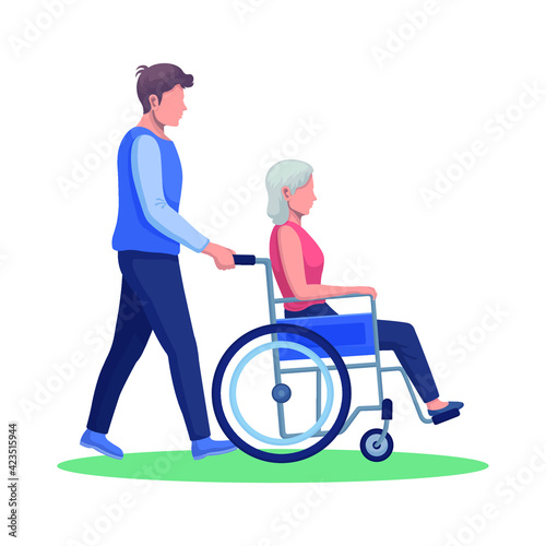 A nurse carries an elderly woman in a wheelchair vector illustration.