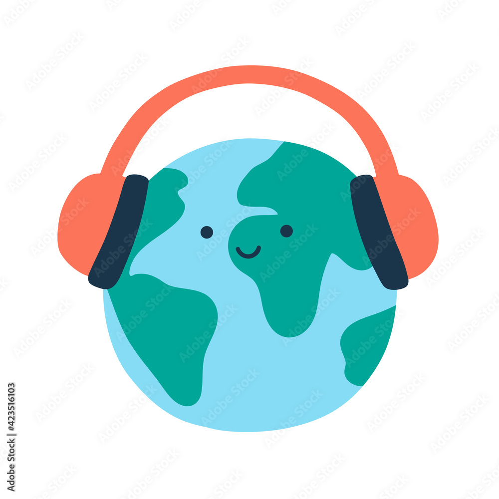 Vector illustration of cute cartoon planet earth with headphones. World  music concept. Online podcast modern show. Sounds of the world. Logo  broadcast design. Radio day Stock Vector | Adobe Stock