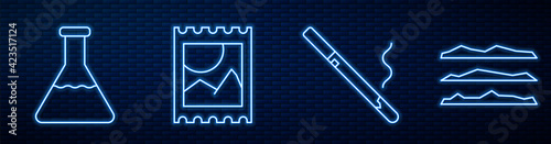 Set line Cigarette, Test tube and flask, LSD acid mark and Cocaine or heroin drug. Glowing neon icon on brick wall. Vector