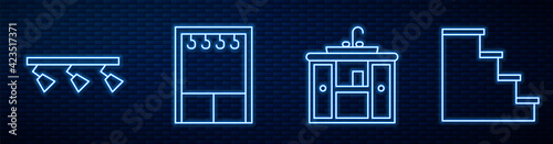 Set line Washbasin cabinet with tap, Led track lights and lamps, Wardrobe and Staircase. Glowing neon icon on brick wall. Vector