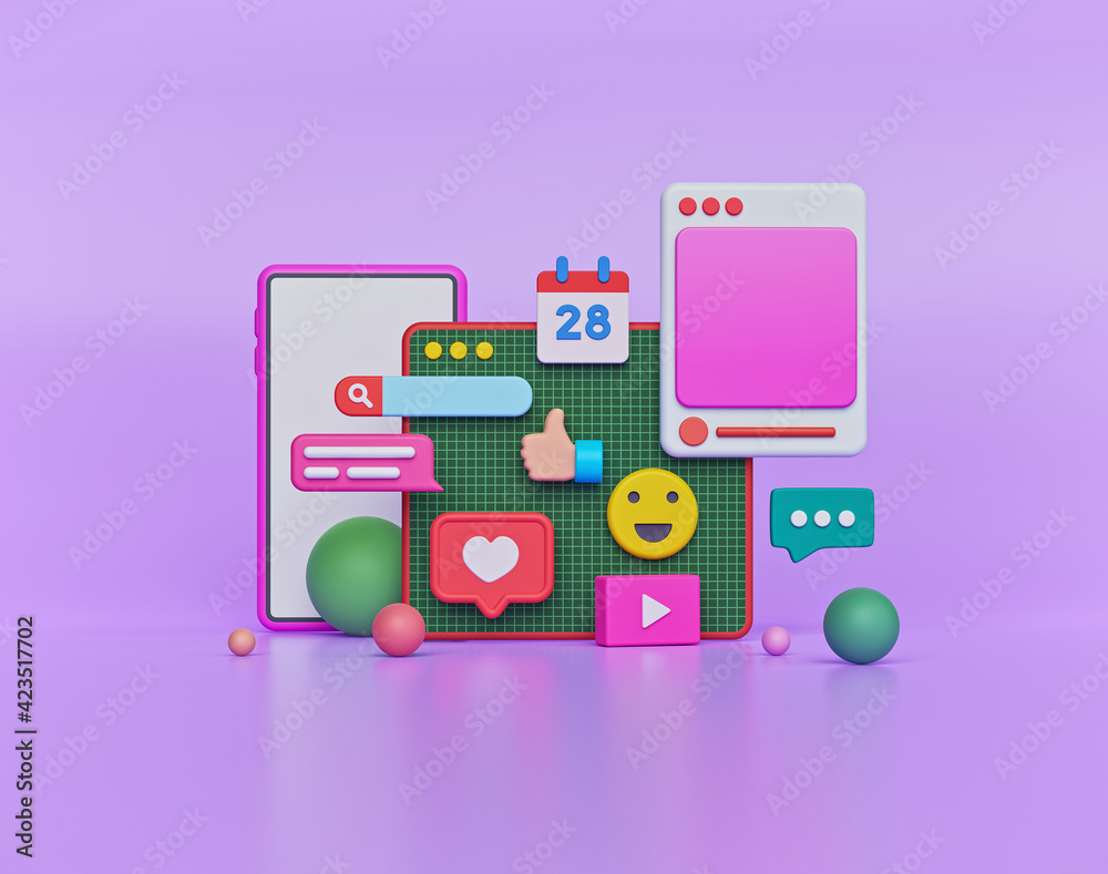 abstract social media background. web page, emoji, heart like, search bar and chat icons. 3d rendering