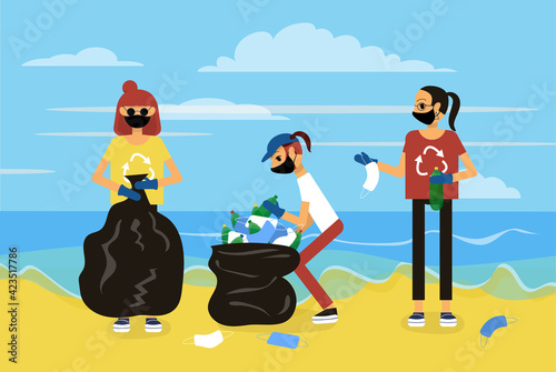 Three friends are cleaning up the beach from waste on sunny day. Picking up plastic bottles and face masks. Flat style stock vector illustration..