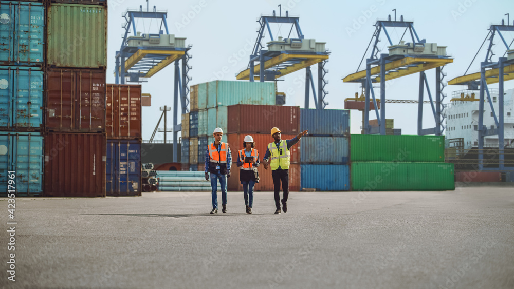 Team of Diverse Industrial Engineers, Safety Supervisors and Foremen in Hard Hats and Safety Vests Walking in Shipping Cargo Container Terminal Depot. Colleagues Talk About Logistics Operations. - obrazy, fototapety, plakaty 