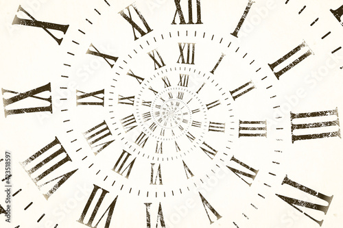 Droste effect background with infinite clock spiral. Abstract design for concepts related to time. photo