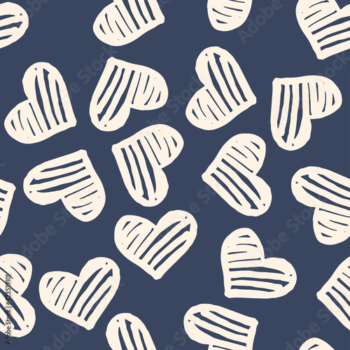 Seamless pattern with light beige hearts on deep blue background. Vector design for textile, backgrounds, clothes, wrapping paper, web sites and wallpaper. Fashion illustration seamless pattern. © Julia