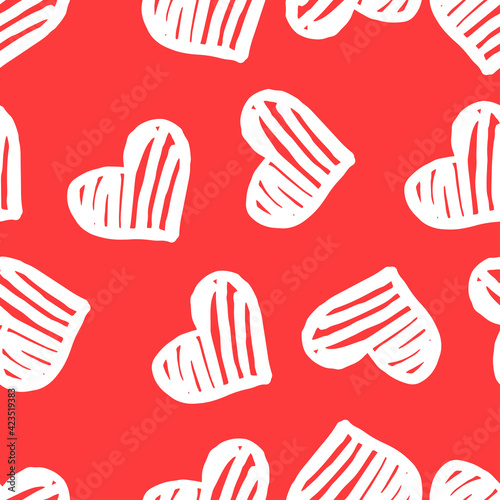 Seamless pattern with white hand drawn hearts on red background. Vector design for textile, backgrounds, clothes, wrapping paper, web sites and wallpaper. Fashion illustration seamless pattern.