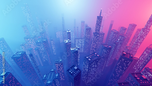 Future city downtown with skyscrapers in neon cyberpunk lights