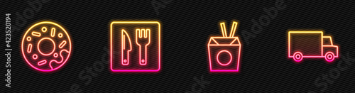Set line Asian noodles and chopsticks, Donut, Cafe restaurant location and Fast delivery by car. Glowing neon icon. Vector
