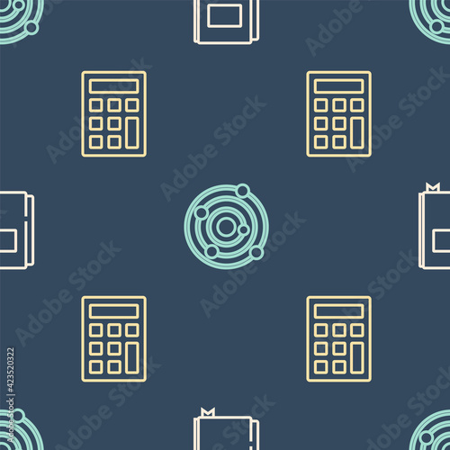 Set line Book, Calculator and Solar system on seamless pattern. Vector