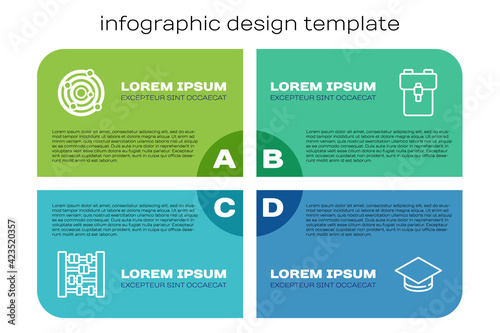 Set line Abacus, Solar system, Graduation cap and School backpack. Business infographic template. Vector