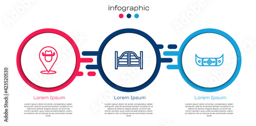 Set line Location cowboy, Saloon door and Kayak canoe and paddle. Business infographic template. Vector