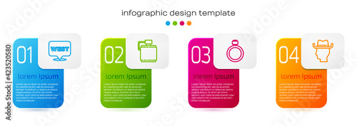 Set line Pointer to wild west, Canteen water bottle, and Cowboy. Business infographic template. Vector