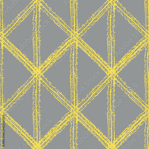 Vector grunge stripe braid weave effect seamless interlace pattern background. Brush stroke effect criss cross yellow grey backdrop. Woven style geometric grid repeat design for wellness, summer