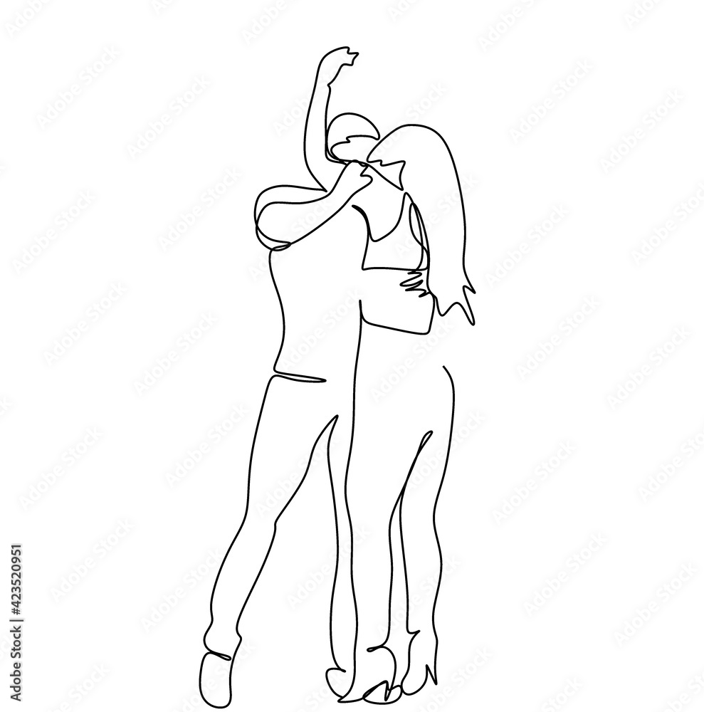 Latin American dances. Elegant couple dancing salsa, bachata. Retro style. Line drawing for printing T-shirts, and cosmetics