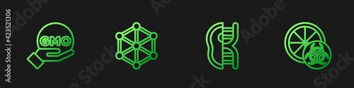 Set line Genetically modified meat, GMO, and orange. Gradient color icons. Vector