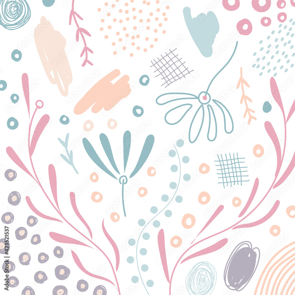 Abstract hand drawn scribble organic shape floral, leaves, natural elements pastel color on white background
