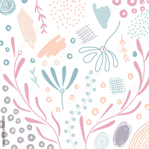 Abstract hand drawn scribble organic shape floral, leaves, natural elements pastel color on white background