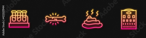 Set line Shit, Test tube with blood, Bone pain and Eye test chart. Glowing neon icon. Vector