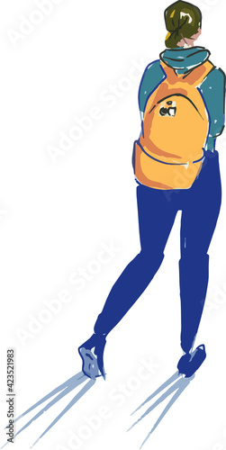 vector illustration of young woman with backpack standing isolated. back view