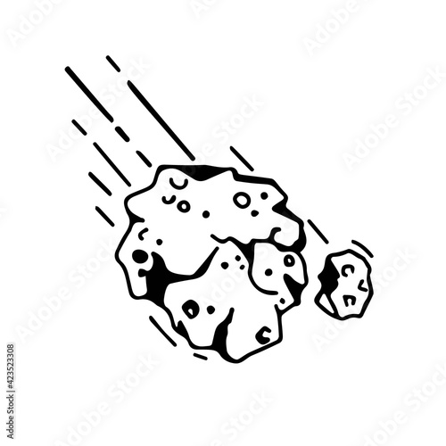 Vector doodle illustration of a space meteorite on an isolated white background.The drawing is suitable for a space-themed decor, a sticker, or a background element.