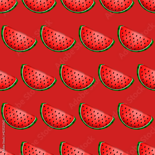 Watermelon Pattern. Red Background Watermelon Seamles Slices.