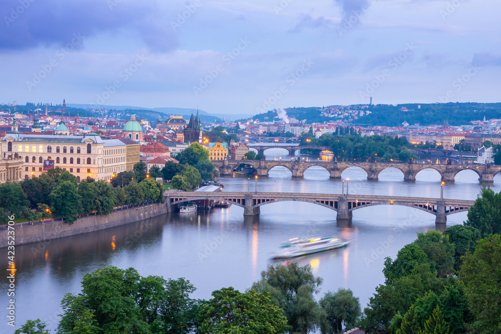 view on vltava river with bridges at dusk in Prague in Czech republic
