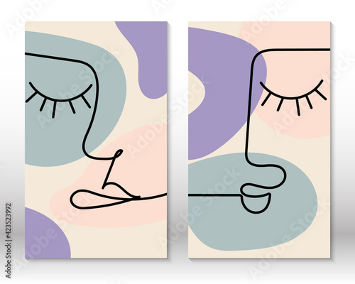 Modern abstract art face. Set of abstract backgrounds with minimal shapes and lines. Home decor design. Hand drawn watercolor effect painting shapes and line art faces. Contemporary design.