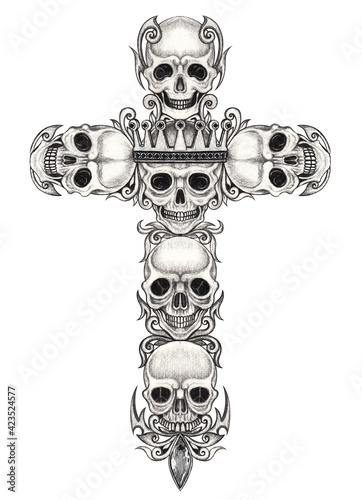 Skull cross design. Hand drawing on paper.