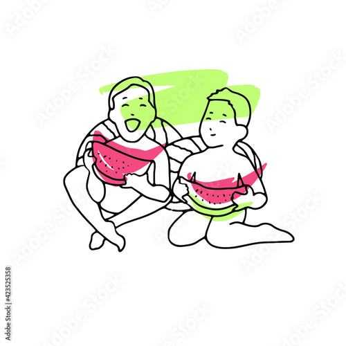 Abstract line drawing two boys eating watermelon, summer time, friends, brothers, sibling, older brother, younger brother.