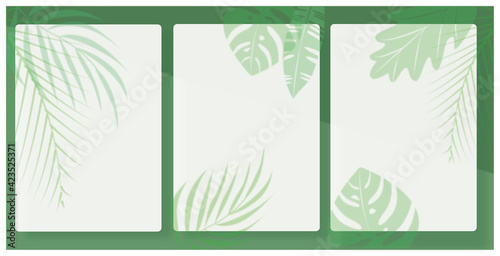 Shadow Overlay Plant Vector Mockup white paper. Shadows overlay effects Of leaves on green background. Vector illustration. 植物のシルエットとデコレーションの白紙背景、夏のテンプレート