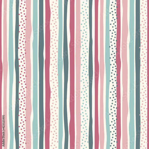 Seamless repeating pattern with hand drawn multicolored stripes with ragged edges and tiny spots