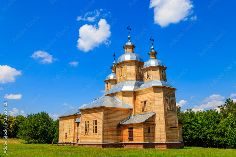 Ancient reconstructed wooden church of St. Nicolas in Pyrohiv (Pirogovo) village near Kiev, Ukraine