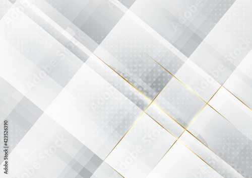Abstract white and grey geometric overlapping background with golden line luxury.