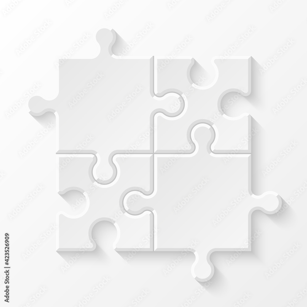 White Puzzle four piece business presentation. Square infograph. Circle 4 Step process diagram card. Section compare service banner. 3d Abstract Background White Puzzle four piece business presentation. Square infograph. Circle 4 Step process diagram card. Section compare service banner. 3d Abstract Background
