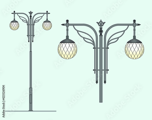 Classic street lamp. Outdoor lighting of the city. Urban design. Design of parks and squares. Garden lamps. Modern architecture. Wrought iron. Luxury landscape design. Lamp post project. Sketch.	