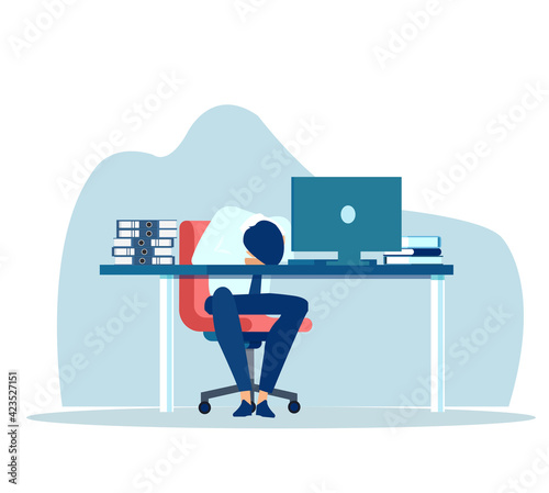Vector of an exhausted tired business man in office sitting with head down on desk