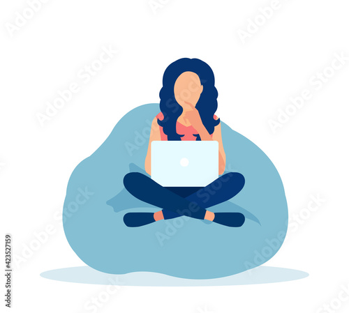 Vector of a woman freelancer working on laptop at home.