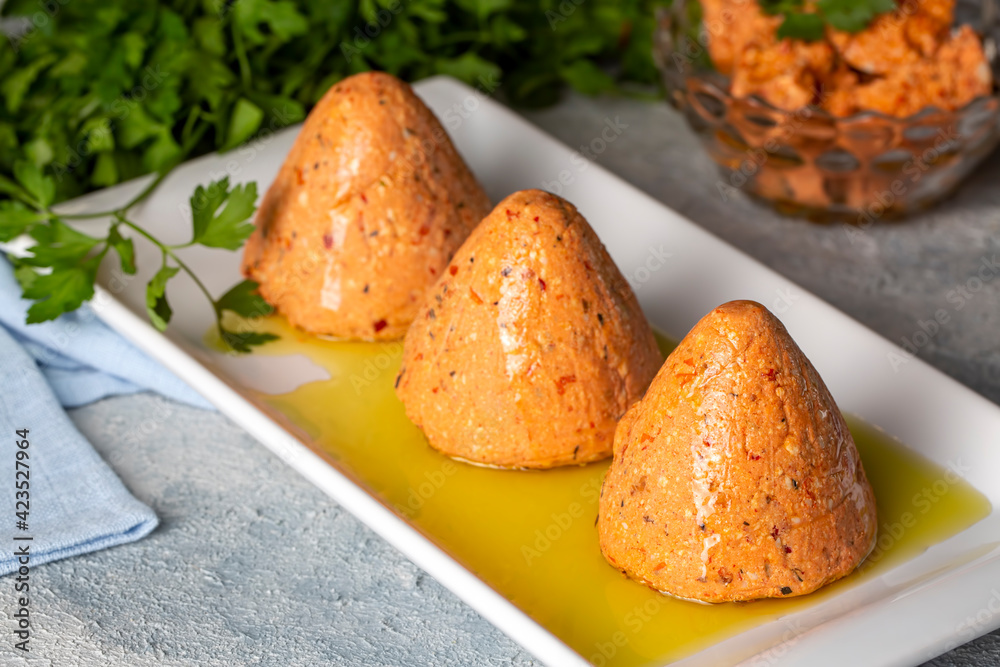 Traditional Turkish Spicy Surk Cheese Balls with Olive Oil from Hatay in Turkey. (Turkish name; Surk peynir)