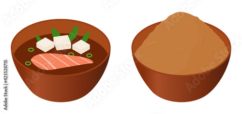 Japanese miso soup and paste in brown bowls isometric cartoon vector illustration isolated on white.