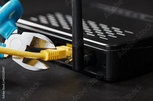 Cutting and disconnecting the network Internet connection with cutting pliers.