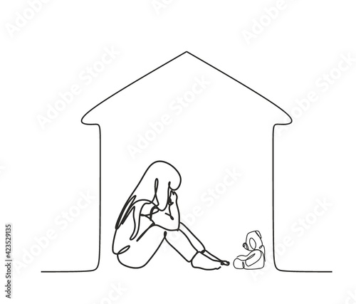 The concept of the psychology of domestic violence. The woman hid. Panic attack, mental health problems, problems of psychology and society. A linear drawing of a child's sadness and depression