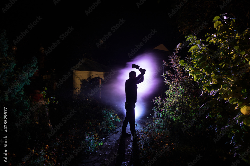 strange light in a dark forest at night. Silhouette of person standing in the dark forest with light. Horror halloween concept. strange silhouette in a dark spooky forest at night