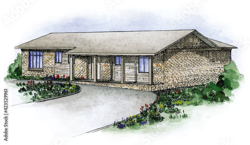 vector watercolor sketch architecture one storey house. cottage house, farm house, colorful illustration of a brick house with columns. circular driveway  