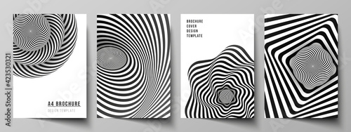 Vector layout of A4 format modern cover mockups design templates for brochure, magazine, flyer, booklet, report. Abstract 3D geometrical background with optical illusion black and white design pattern