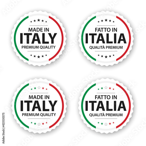 Set of four Italian labels. Made in Italy In Italian Fatto in Italia. Premium quality stickers and symbols with stars. Simple vector illustration isolated on white background