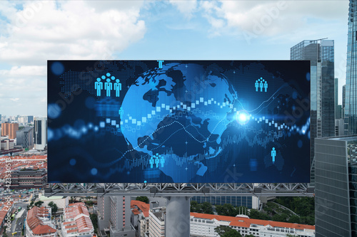 World planet Earth map hologram and social media icons on billboard over panorama city view of Singapore  Southeast Asia. The concept of people networking and connections.