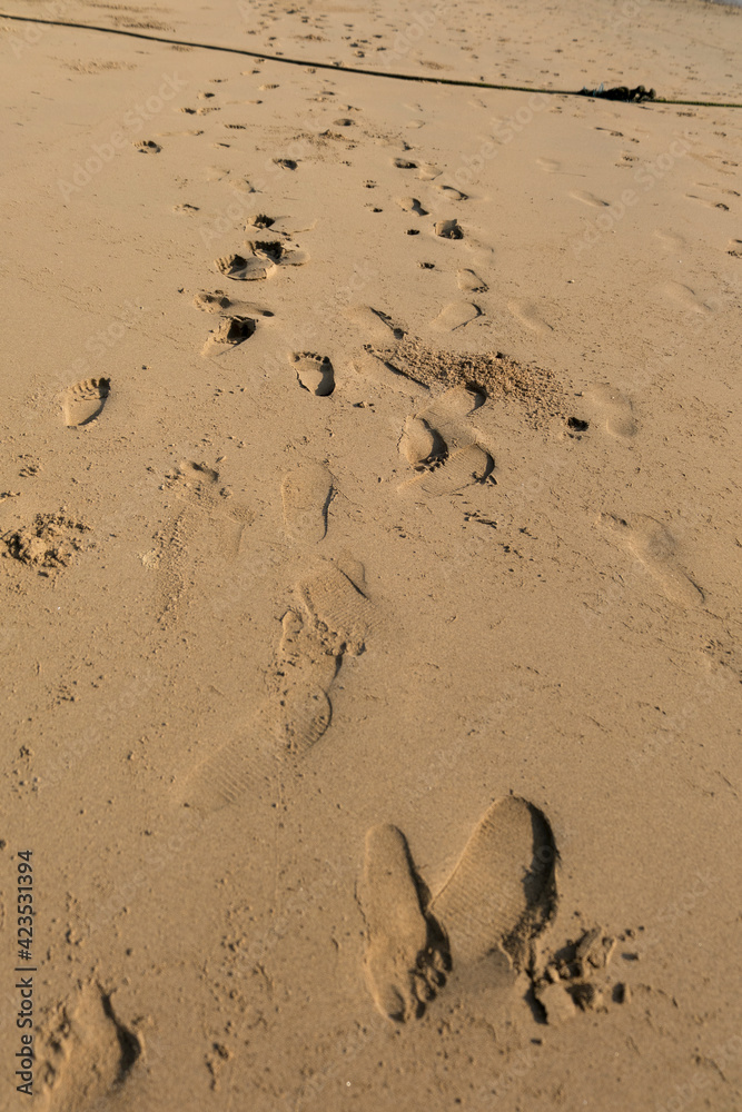 Obraz premium Human footprints on the beach sand (white sand).