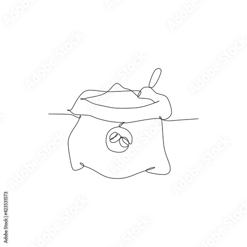 Burlap hessian sack of roasted coffee beans with wooden scoop isolated on white background - continouous one line drawing