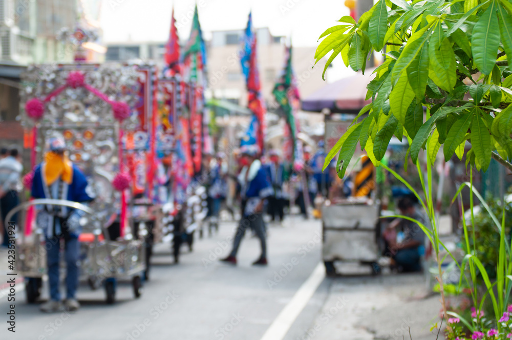 Fototapeta premium Taiwan folk temple activity. Focus on foreground. Abstract. Blurred background.